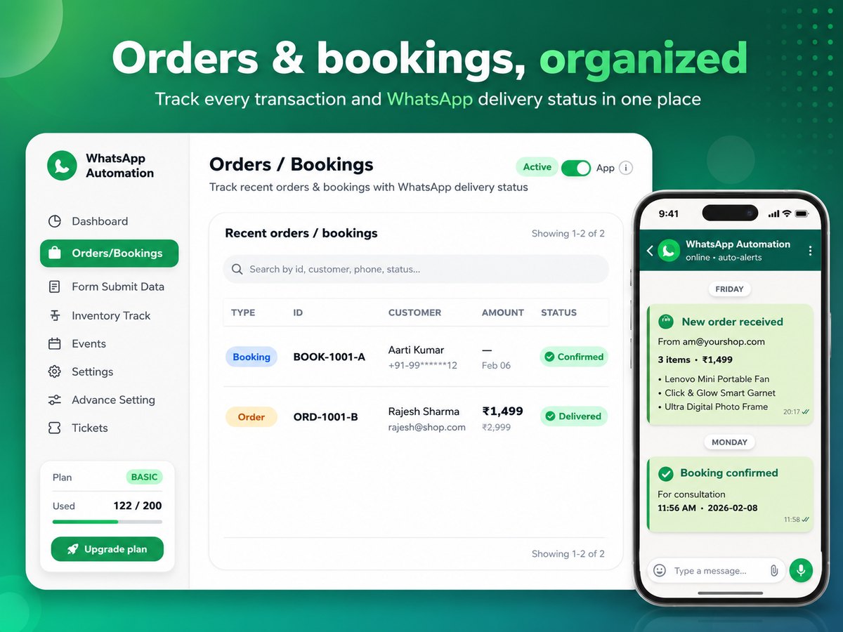 Order and booking alert notification screen
